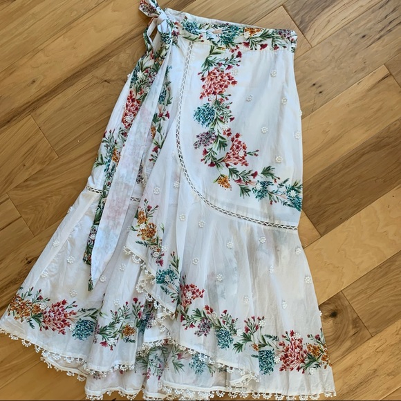 Farm Rio Sz S Louise Wrap Skirt White Floral Midi Ruffle Botanical Print Cotton - Picture 4 of 12